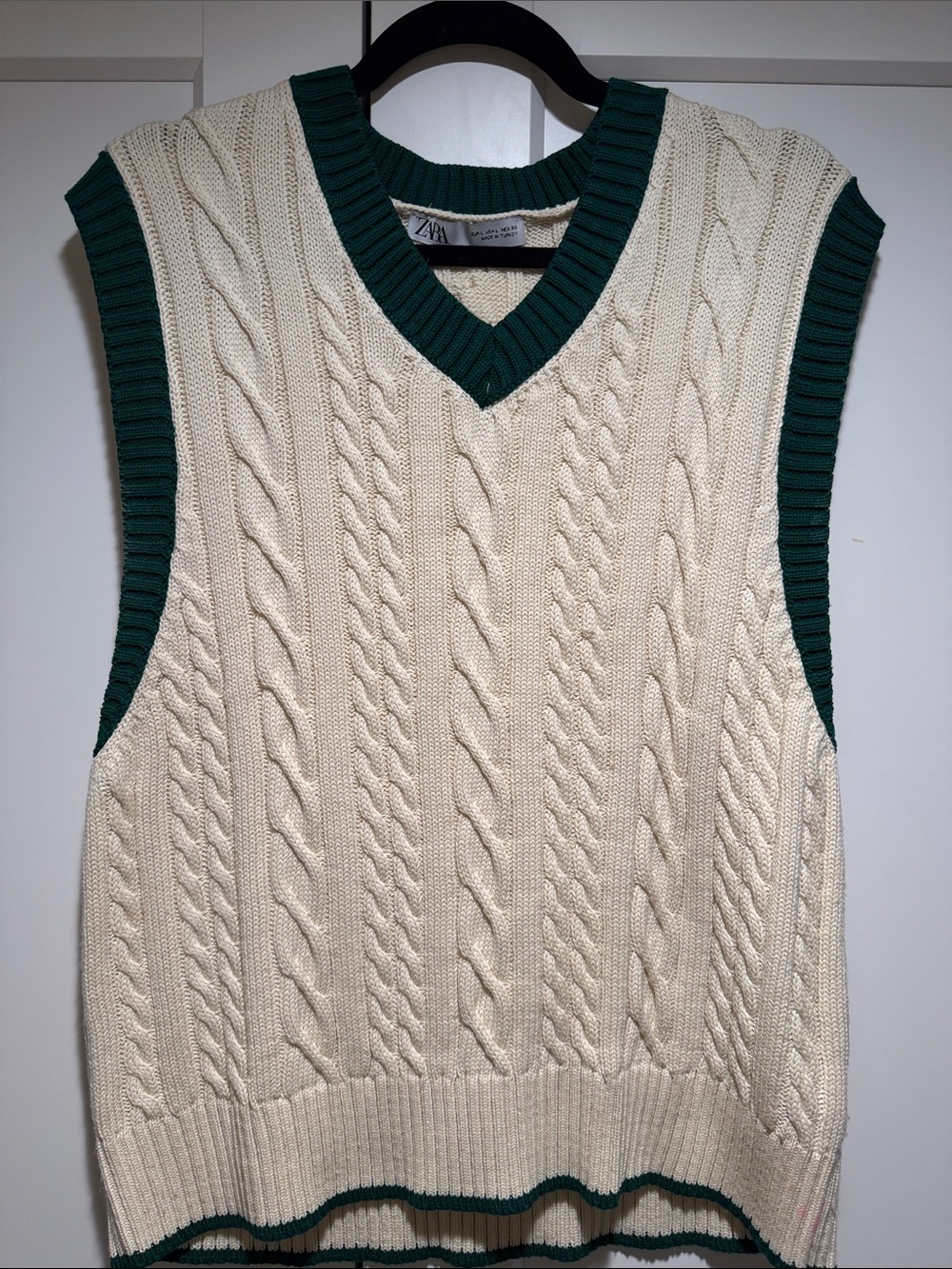 Zara Cream Cable Knit V-Neck Sweater Vest with Dark Green Trim